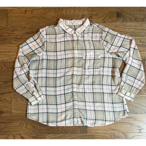Sheer Plaid Button Up Shirt Long Sleeve‎ Top with Pocket Casual - Picture 3 of 6